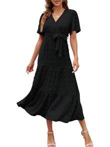 COLIZAMX Vestido Largo para Mujer de Verano con Cuello en V Vestido Elegante de Sólido Manga Corta - azul claro - Ver 9