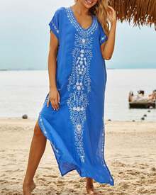 Bsubseach Vestido Largo de Playa de Manga Corta con Cuello en V Cubre Bikini para Mujer Bordado - Verde - Ver 4