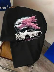 Camiseta de hombre con motivo de carreras - Camiseta ligera y transpirable diseñada para entusiastas de los coches, camiseta casual con estampados de transferencia térmica en la parte delantera y trasera, lavable. - Negro - Ver 2