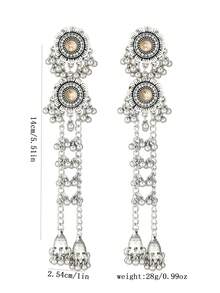 Bohemian Style Long Bell Tassel Pendant Earrings, Vintage Silver Rhinestone Floral Jhumka Earrings For Evening Party Wear - Tassel Style - View 2