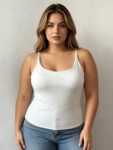 Women Plus Size Sling Camisole With Integrated Bra Pads, Adjustable Thin Shoulder Straps Stretchy Ribbed Basic Layering Tank Top Daily Outfit - White - View 3