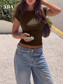 ARA CHIC Women's Khaki Crew Neck Ribbed Fitted Casual Short Sleeve Top, Suitable For Summer Beach, Office And Vacation, New Arrival - Coffee Brown - View 6
