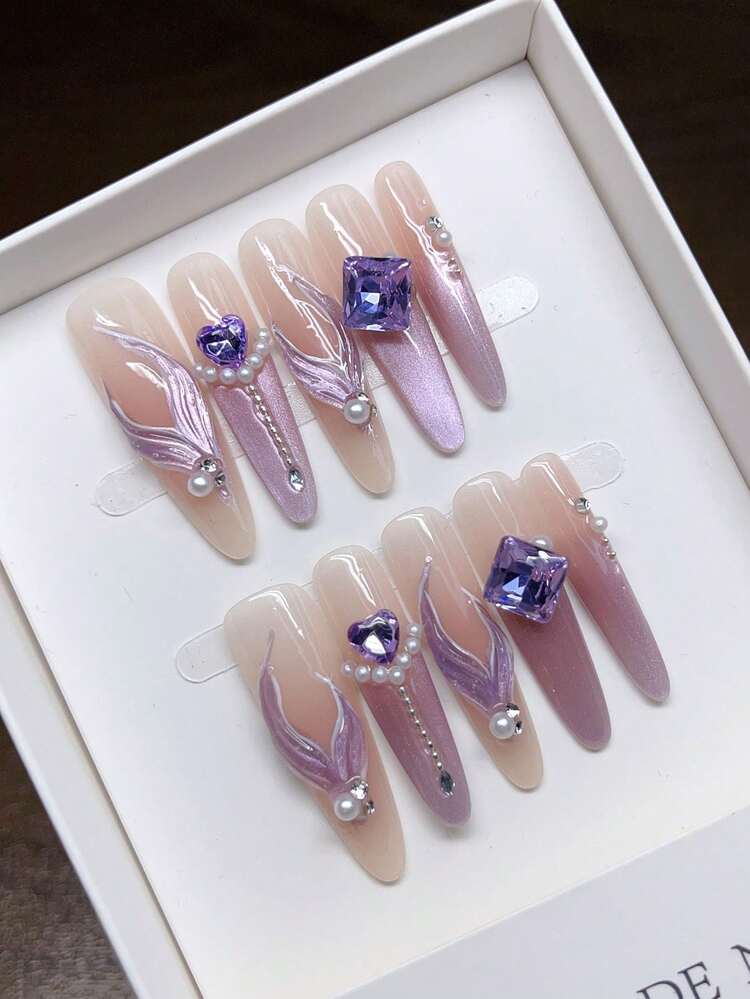 Handmade Wearable Press-On Nails, Almond Shape, Hand-Painted Personalized Handmade Cat-Eye With Rhinestone Embellishments, High-Quality Western Style Nail Art,2K Style Nails, Spring And Summer Daily Nail Art, Removable And Reusable. - Multicolor - View 3