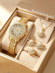 1pc/5pcs Set Fashion Quartz Watch With Exquisite Jewelry Set, Jewelry Set Includes Necklace, Ring, Earrings, Elegant And Fashionable, Suitable For Holiday Parties And Other Occasions, Perfect Gift Choice - Multicolor - View 2