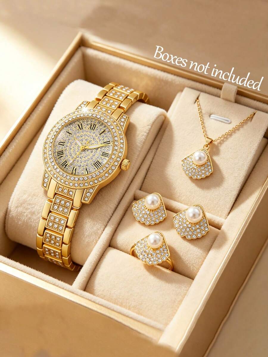 1pc/5pcs Set Fashion Quartz Watch With Exquisite Jewelry Set, Jewelry Set Includes Necklace, Ring, Earrings, Elegant And Fashionable, Suitable For Holiday Parties And Other Occasions, Perfect Gift Choice