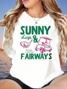 Camiseta Blanca De Corte Holgado Con Estampado De Carrito De Golf Y Campo De Golf "Sunny Days And Fairways" Para Mujer, , Verano Y2K Blusa,Temporada De Graduaciones Playeras Ropa De Mujer - Blanco - Ver 1