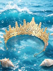1pc Gold Mermaid Shell Starfish Hair Accessory, Ocean Crystal Shell Floral Queen Crown, Beach And Underwater Wedding Headpiece - Multicolor - View 5
