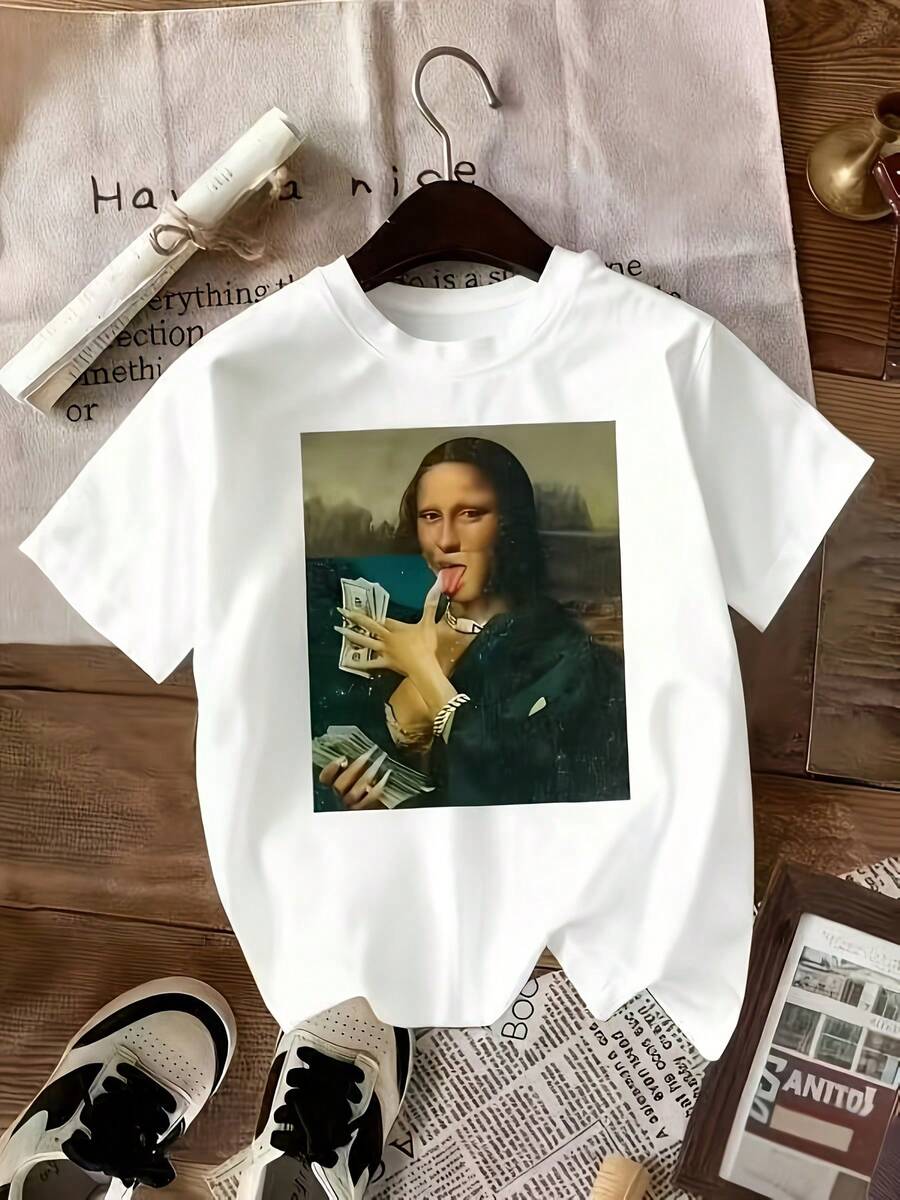 Women'S Black Humorous Mona Lisa Coin Pattern T-Shirt - Casual Short Sleeve Abstract Art Design, Suitable For Parties And Daily Wear, Machine Washable - 白色 - 查看 1