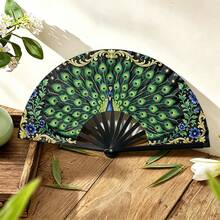 1/3/5pcs Foldable Portable Handheld Fan, Exquisite Peacock Print Pattern With Gold Foil Accents And Blue Floral Design, Premium Smooth Satin Fan Surface, Matte Black Textured Fan Bones, Multi-Scenario Use: Summer Cooling, Home Desktop Decor, Stage Photography Prop, High-End Gift, Suitable For Wedding Favors, Birthdays, Holidays, Anniversaries For Friends And Family - A - View 2