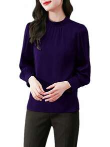 Blusa formal de manga larga para mujer, con cuello falso, plisada, manga abullonada, para negocios - Azul - Ver 9