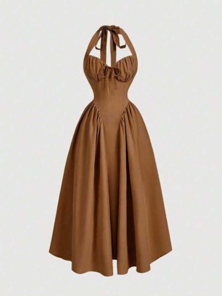 yonghongmaoyi1  MOD Vestido Swing con Cuello Halter, Fruncido y Lazo para Mujer, Rosa Polvoriento, Elegante para Citas de Verano, Atuendo de Pri - Marrón - Añade 1