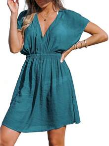 - Vestido corto de playa con cuello en V a rayas y cintura elástica para mujer - Floral Blanco - Ver 21