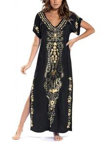Bsubseach Vestido Largo de Playa de Manga Corta con Cuello en V Cubre Bikini para Mujer Bordado - Verde - Ver 9