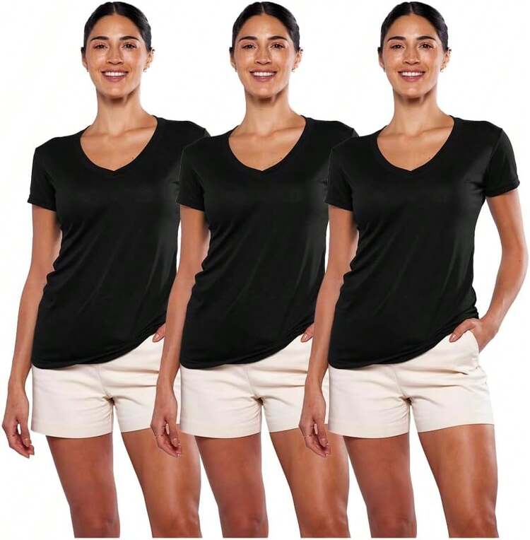 Alfani Playera para Mujer Cuello V, Manga Corta, 3Pack Multicolor - Blanco - Añade 15