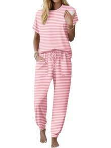 Conjunto de Pijama Capri para Mujer , Ropa de Dormir de Manga Corta, 2 Piezas, Cuello Redondo, Pijama Suave con Bolsillos - Flores marrones, negro - Ver 10