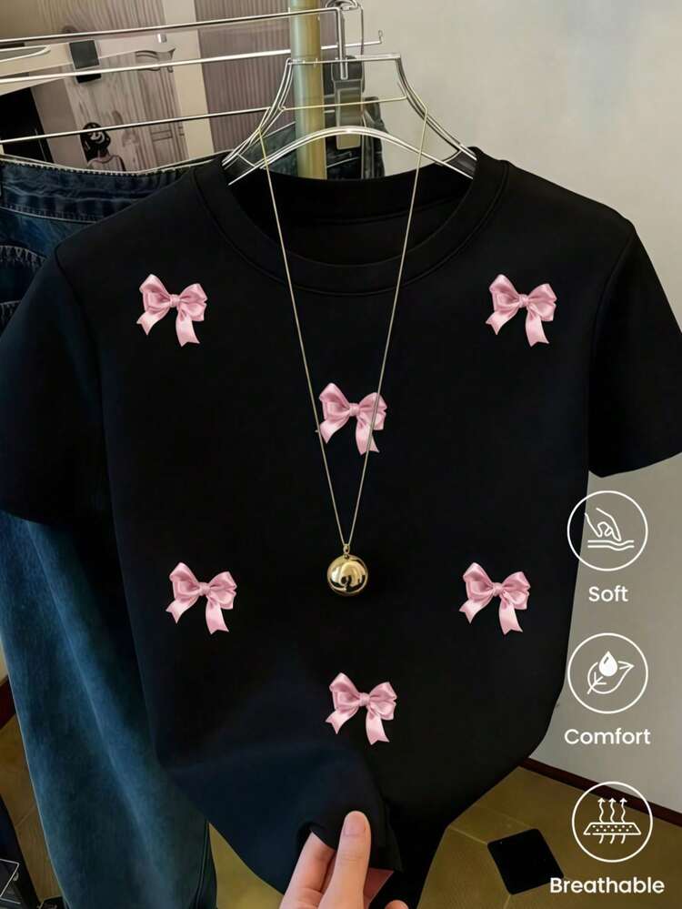 New Spring-Summer Short-Sleeved T-Shirt, 180g Weight. Cartoon Print, Couples Model. - 黑色 - 查看 1