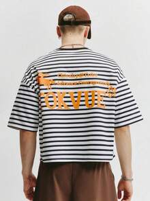 Whitmere Men's Black & White Thin Horizontal Striped T-Shirt, Loose Fit Short Sleeve Crew Neck Cropped Streetwear Tee - Multicolor - View 3
