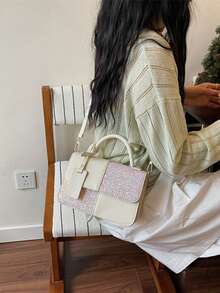 Fashionable Minimalist Premium Sequin Retro Colorblock Women's Handbag With Pendant - Beige - View 2