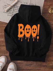 [Halloween]1pc Tween Girls Hooded Sweatshirt, Boo Ghost Face & Letter Print Front And Back, Halloween Orange Drip Fun Pattern, Loose Casual Sweatshirt - Black - View 3