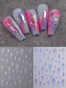 2件組夏季3D全息水母美甲貼紙，金屬銀雷射線條月亮星星水母圖案，自黏式美甲貼花，海洋美甲裝飾DIY用品，適合女性度假美甲 - 彩色 - 查看 2