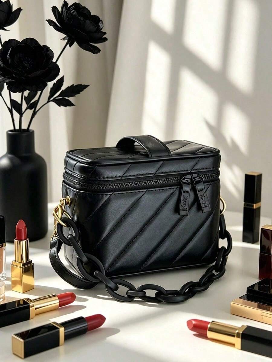 Yves Saint Laurent 黑色長方形絎縫方格化妝包,可拆卸鏈條式可調式DIY肩帶,拉鍊開合,大容量收納,內置化妝鏡,經典金色Logo,日常化妝收納包 YSL‑GIFT‑177 - 純黑 - 查看 1