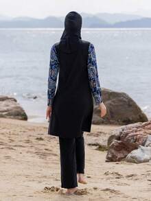 中東風格 3 件式分體布基尼附帽子，保守全身式女款泳衣，適合夏季海灘運動 - 黑色 - 查看 2
