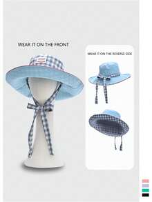 Mũ xô vành rộng họa tiết caro vintage phối màu tương phản kiểu patchwork, mũ chống nắng du lịch phong cách boho cho kỳ nghỉ xuân/hè, phối màu đơn sắc nổi bật, có dây buộc, chống tia UV, đi học - Nhiều màu - Xem 14