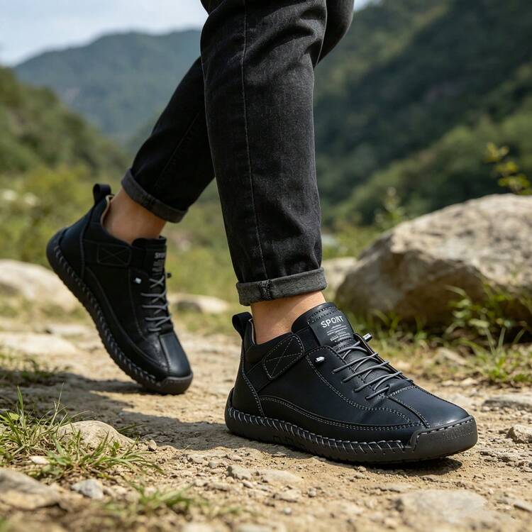 Vintage Leather Outdoor Shoes For Men, Soft Sole Breathable Daily Sneakers, Anti Slip Mountain Trekking Casual Footwear - Black - View 10
