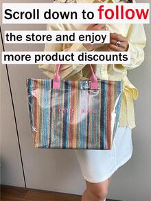 Large Capacity Letter Decor PVC Waterproof Woven Straw Tote Bag, Multi-Functional Commute Casual Vacation Woven Straw Handbag SuitableForBeachVacation - Pink - View 3