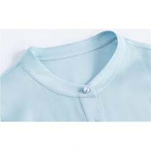 Blusa de manga corta con cuello alto y seda para mujer con pliegues y botones para oficina - Negro - - Ver 6