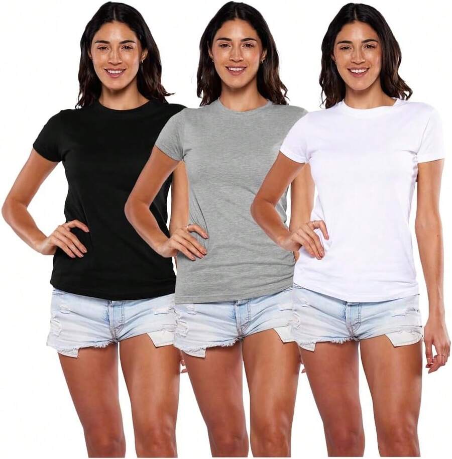 Alfani Playera Manga Corta para Mujer 3Pack, Cuello Redondo, 100% Algodon - Negro - Ver 1
