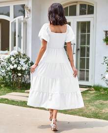 COLIZAMX Vestido Largo para Mujer Dress Casual con Cuello Cuadrado de Manga Corta para Playa Trabajo Fiesta - Blanco - Ver 2
