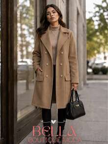 WOMEN'S LONG WOOL PARKA COAT, ELEGANT WITH FRONT BUTTON CLOSURE - 深米色 - 查看 1