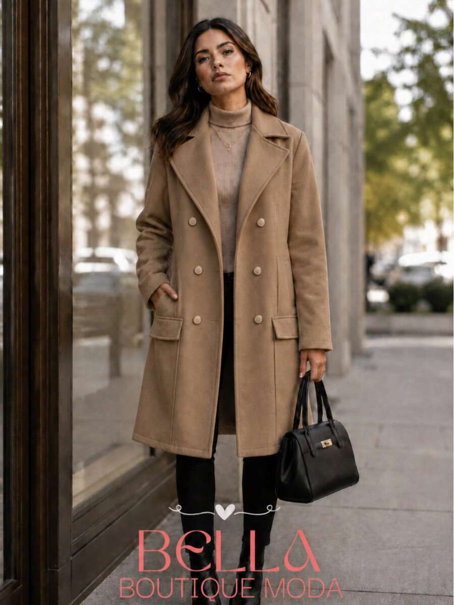 WOMEN'S LONG WOOL PARKA COAT, ELEGANT WITH FRONT BUTTON CLOSURE - 深米色 - 查看 1