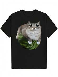 Men'S Summer Casual T-Shirt With A Fun Cat Meme Design - Lightweight Polyester Material, Crew Neck, Short Sleeves, Playful Cat Meme Print, Suitable Fo - Black - View 2