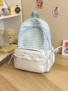 Gingham Spliced Mini Polka Dot Backpack With Lace Ruffle Trim And Side Bow, Lightweight College Student Backpack For Daily Commute & Back-To-School - Multicolor - View 19