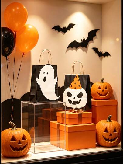 10pcs/Set Halloween Black Paper Gift Bags - Cute Ghost Pumpkin Stickers Handheld Bags For Trick Or Halloween Party Packaging Supplies
