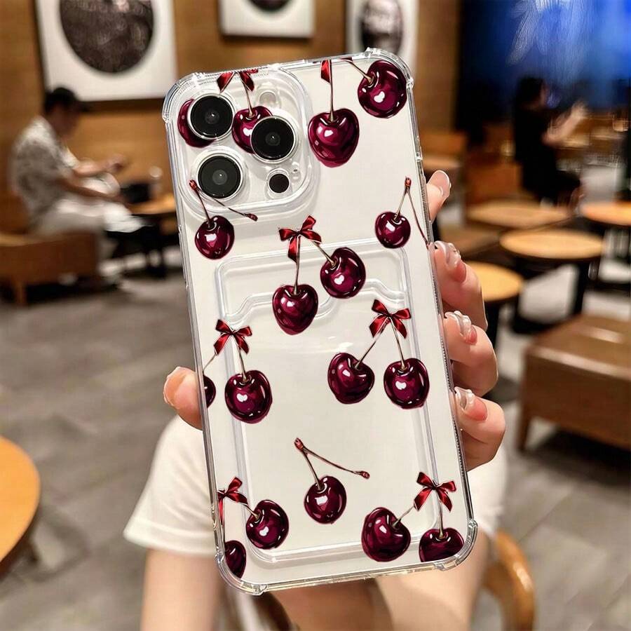 1 unidad Patrón de lazo de cereza Funda para iPhone 17 PROMAX,Esquinas con airbag antichoque reforzado, tarjetero oculto trasero para tarjetas y carnets. Cuenta con diseño elegante, ideal para uso diario y viajes. - transparente (transparente) - Ver 1