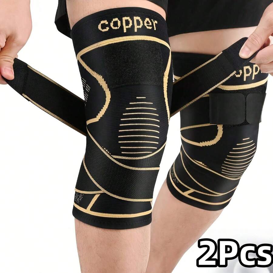 2 piezas de rodilleras con infusión de cobre con correas, mangas de compresión negras, proporcionan estabilidad, diseño moderno, cierre con correa, cómodas y duraderas, adecuadas para actividades diarias, correr, baloncesto, levantamiento de pesas, senderismo, ciclismo, entrenamiento de fuerza en el gimnasio, entusiastas de deportes unisex, opción ideal para amantes de los deportes, equipo de fitness y deportes, rodilleras con correa ajustable, rodilleras de fitness - Multicolor - Ver 1