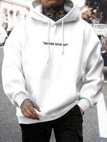 Men's Casual And Versatile Hoodie With Kangaroo Pocket, Drawstring And Simple Slogan Print, For Everyday Wear And Commuting, Autumn/Winter - White - View 1