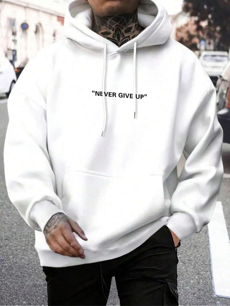 Men's Casual And Versatile Hoodie With Kangaroo Pocket, Drawstring And Simple Slogan Print, For Everyday Wear And Commuting, Autumn/Winter - White - View 1