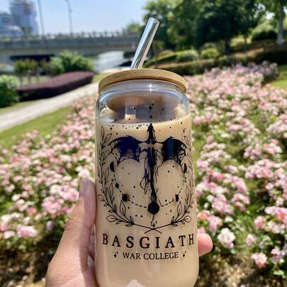 1pc BASGIATH War Academy Glass Cup Set With Bamboo Lid And Straw - Perfect For Cold Drinks, Ideal Gift For Holidays And Birthdays, Suitable For Home, Afternoon Tea, Outdoor Camping And More