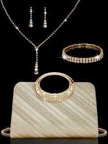 Gold Herringbone Sparkling Rhinestone Evening Clutch, Luxurious Glamorous Shiny Diamond Dress Handbag, Necklace Earrings Bracelet 3 Pieces Set, Gala - Champagne - View 10