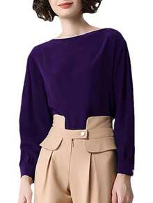 Blusa de seda de manga larga con cuello cuadrado para mujer, estilo informal, suelta, para oficina - Morado - Ver 8