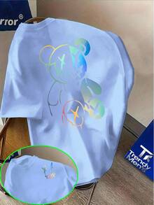 Street Style Printed T-Shirt With Gradient Color Cool Bear Pattern And Creative Graffiti Design, Perfect For Daily Wear To Showcase Personality - 白色 - 查看 10