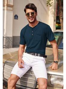 YOUTHGO Camiseta Henley Casual para Hombre Playera de Solapa Frontal de Manga Corta con Botones - Azul claro - Ver 6
