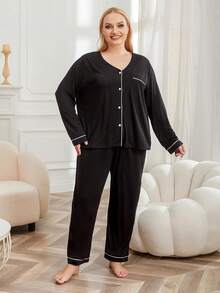 Conjunto de Pijama para Mujer Talla Grande, Cuello en V, Botones Frontales, 2 Piezas, Ropa de Dormir de Manga Larga para Otoño, Color Sólido, Ropa de Casa Femenina - Negro - Ver 4