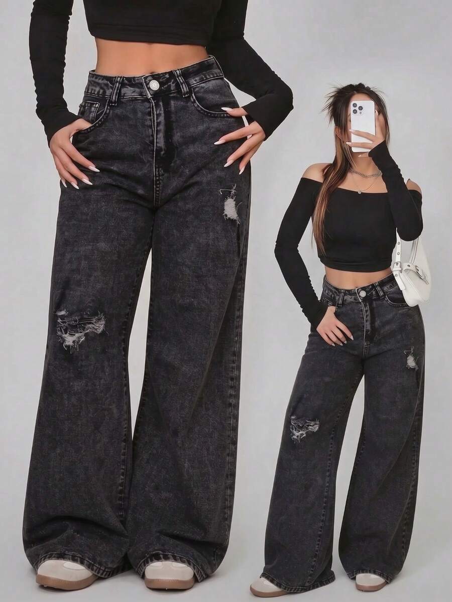 Straight Leg Jeans In Washed Blue Denim With Rips - Noir - Voir 1