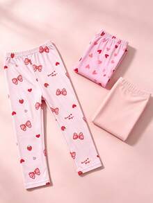 3 piezas de mallas para niñas con estampado de corazón, lazo y fresa, de seda de leche, elásticas, amigables con la piel, transpirables y de ajuste ceñido, dulces y lindas para uso diario casual infantil - Multicolor - Ver 2