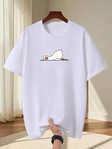 Oversized Men's T-Shirt, 100% Cotton, "Loose Summer T-Shirt With Cute Goose Pattern Print - Unisex Casual Comfort Style", Extra Large Size. - 白色 - 查看 1